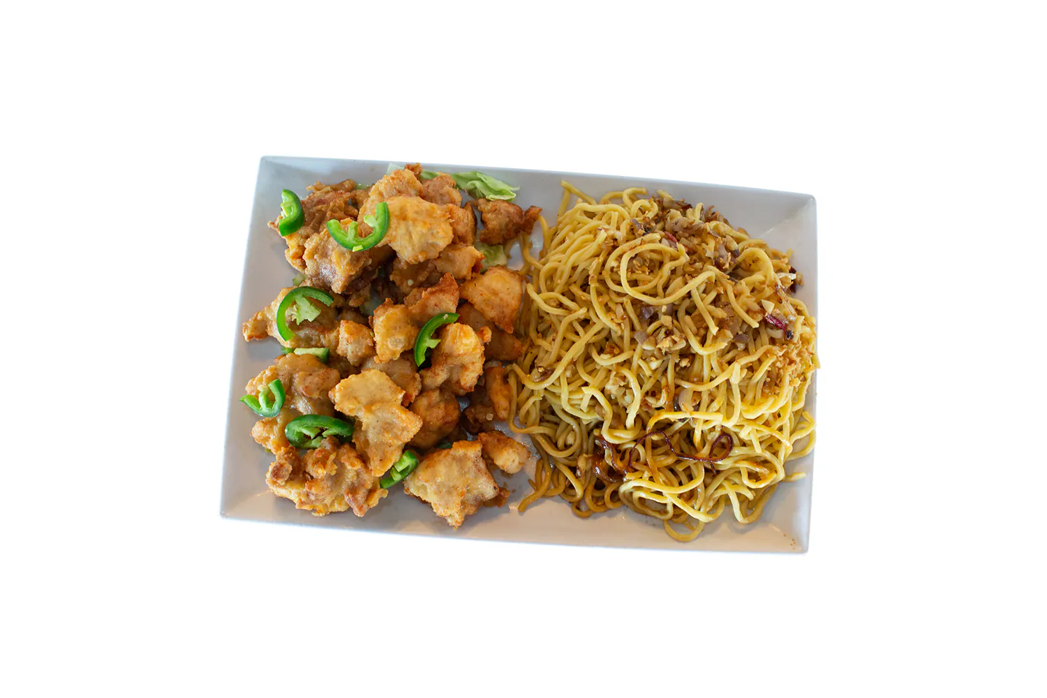 Fried Chicken with Lo Mein at Hanoi Chicken Noodle, Vietnamese Restaurant in San Leandro