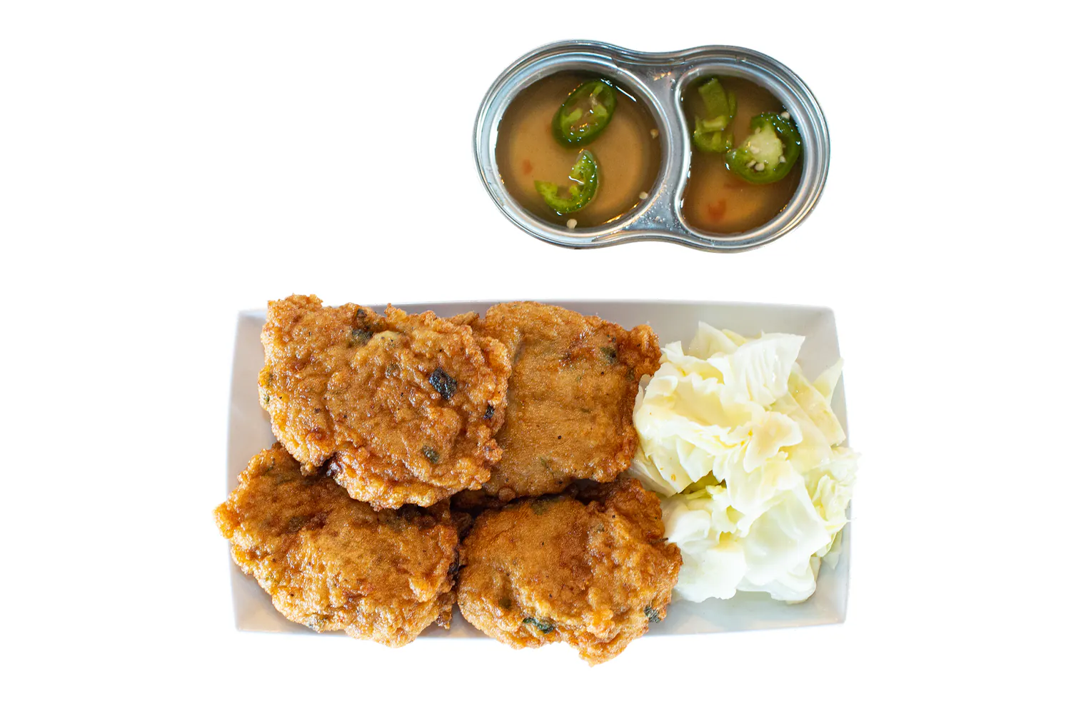 Fried Fish Cakes with Pickled Cabbage and Dipping Sauce at Hanoi Chicken Noodle, Vietnamese Restaurant in San Leandro
