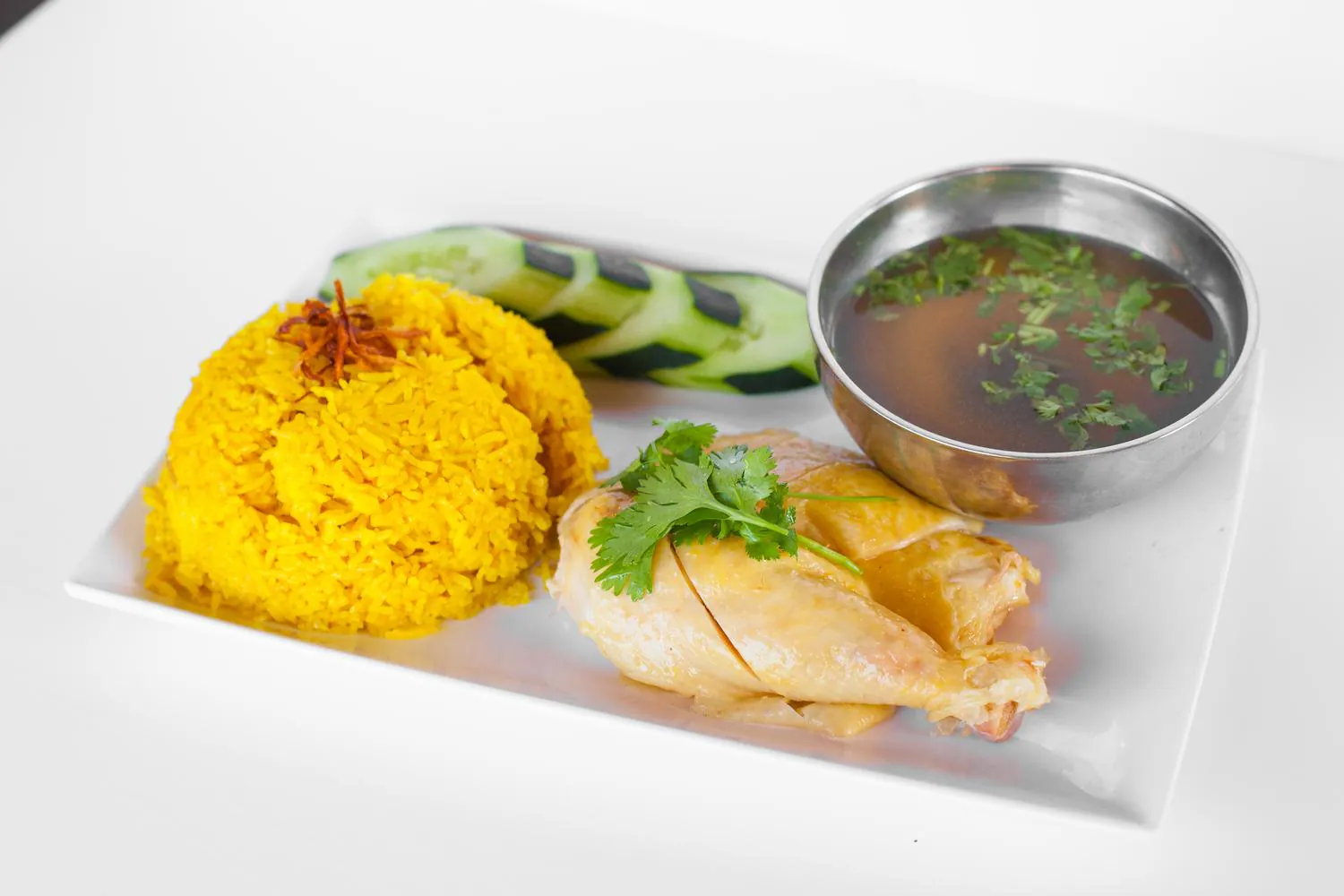 Hainanese Chicken Rice with Yellow Turmeric Rice and Soup at Hanoi Chicken Noodle, Vietnamese Restaurant in San Leandro